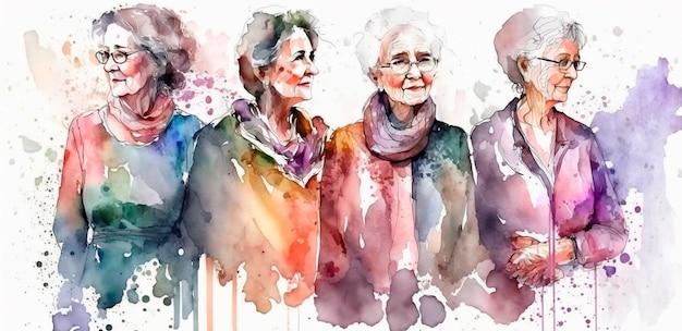 Group of happy women old for International Women's Day watercolor style drawing Generative Ai