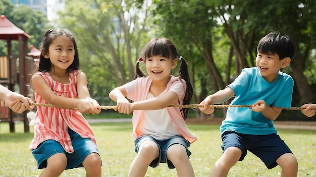 Group of happy young asian children playing tug of war or pull rope togerther outside in city park