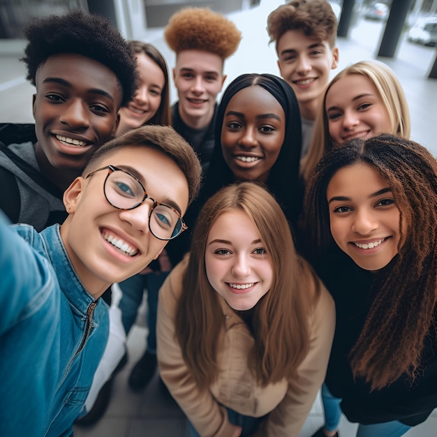Foto un gruppo di giovani amici felici che prendono selfie giornata della gioventù generative ai
