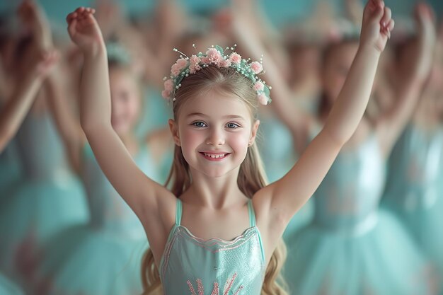 A group of happy young girls doing ballet dance with a big empty space and blurry backdrop generative AI