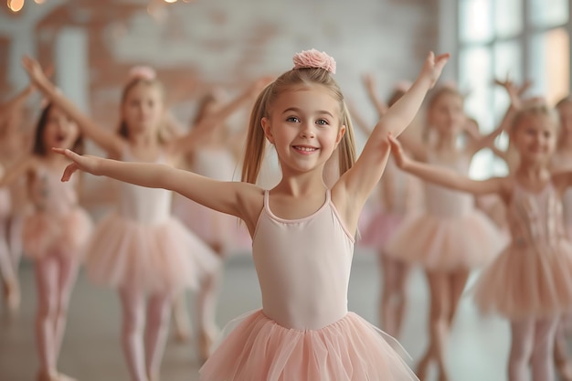 A group of happy young girls doing ballet dance with a big empty space and blurry backdrop generative AI