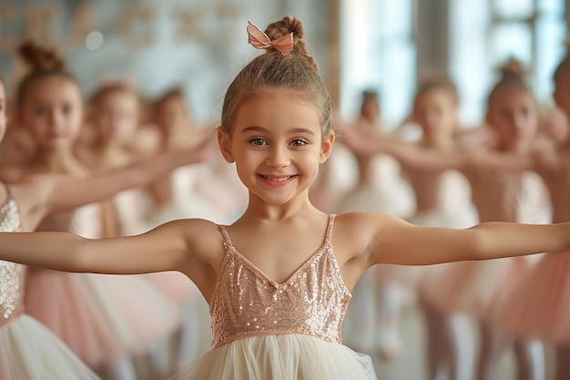 Photo a group of happy young girls doing ballet dance with a big empty space and blurry backdrop generative ai