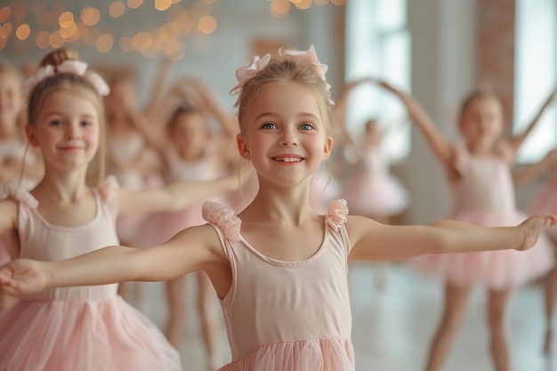 Группа счастливых молодых девушек танцует балет с большим пустым пространством и размытым фоном генеративный ИИ