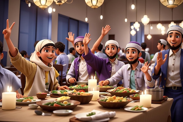 Photo group happy young muslim waving at table dining during ramadan celebration