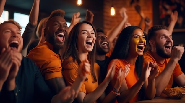 Группа счастливых молодых людей аплодирует и улыбается, смотря футбол в баре Генеративный ИИ