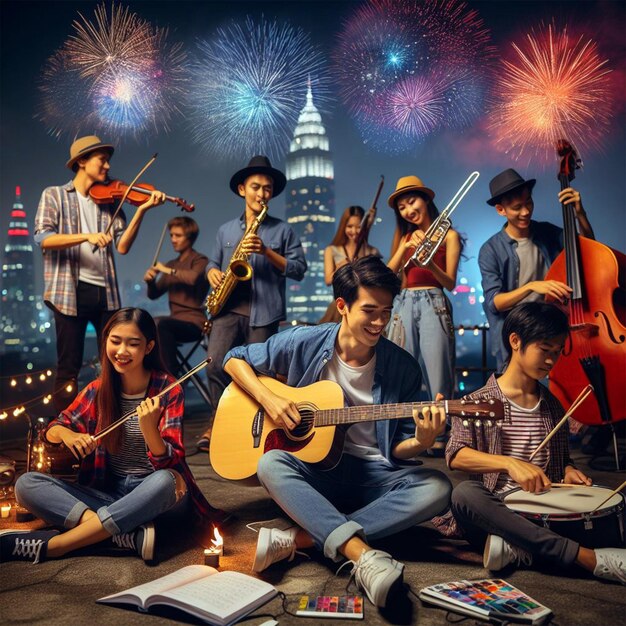 Photo group of happy young people playing musical instruments and celebrating new year party