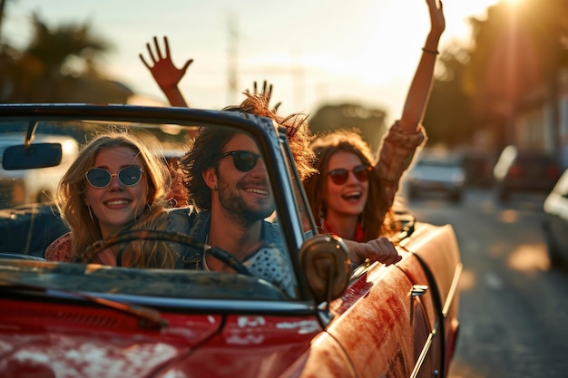 Photo group of happy young people waving from the red convertible
