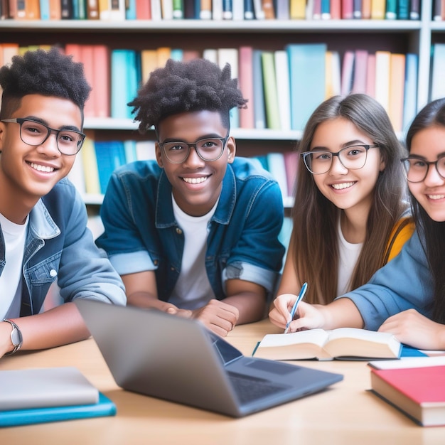 group of happy young students smiling at camera in library at college