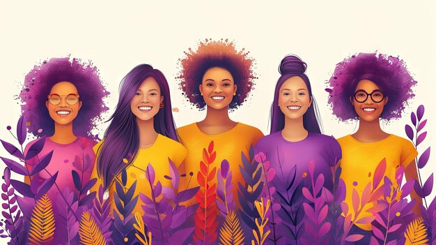 Group of happy young women in purple tones Vector illustration