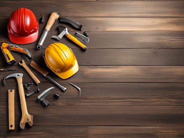 Photo a group of hard hats and a pair of hard hats on a wooden table