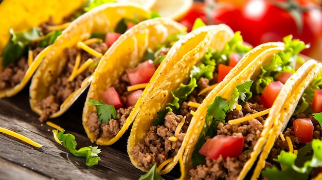 Group of hard shelled tacos with ground beef lettuce tomatoes and cheese close up Generative Ai