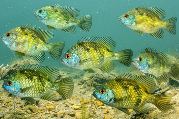 Photo group of hatchetfish gliding near the waters surface