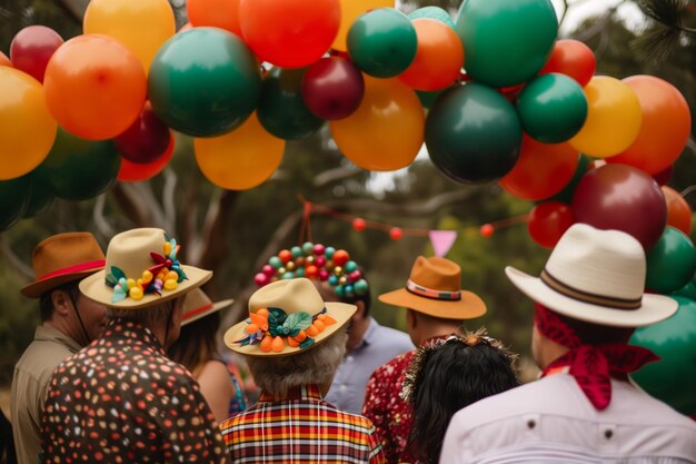 Group in hats with a festive balloon arch in the background