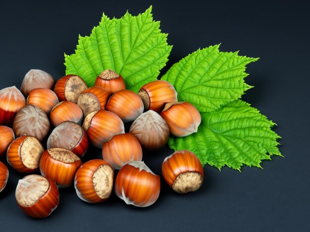 Group of hazelnuts with green leaf isolated on dark background