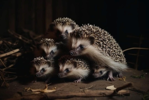 A group of hedgehogs are stacked on top of each other.