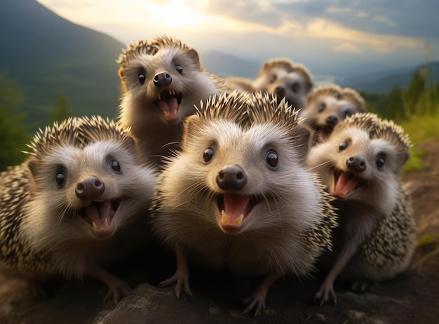 Photo a group of hedgehogs