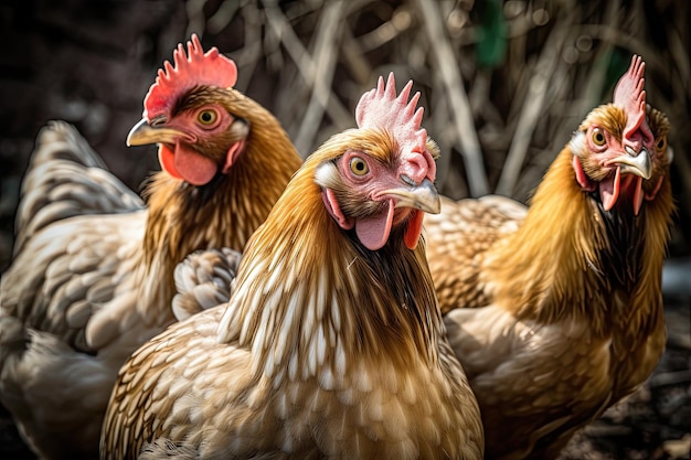 A group of hens and roosters looks at the camera Generative AI