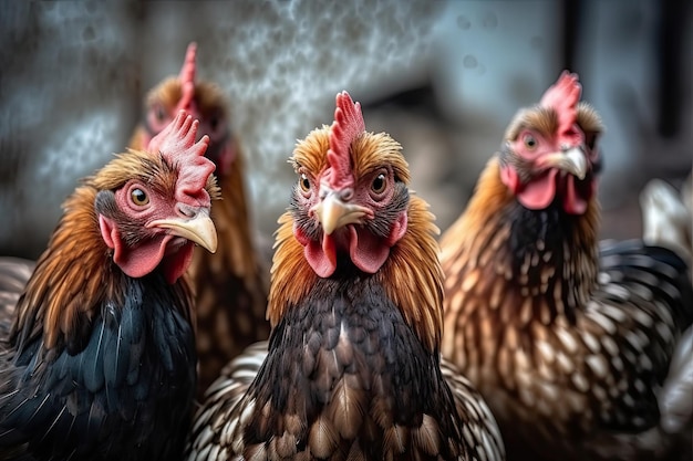 A group of hens and roosters looks at the camera Generative AI