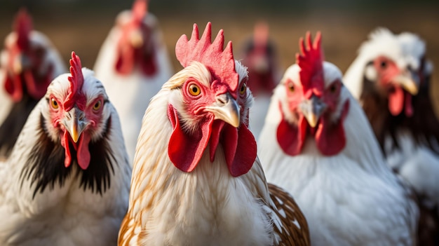 A group of hens and roosters looks at the camera