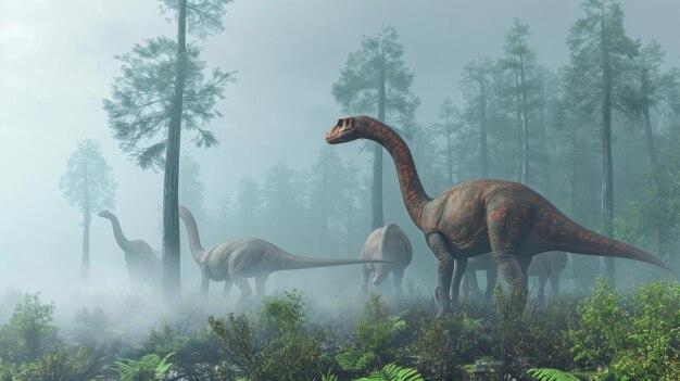 A group of herbivorous duckbilled dinosaurs graze peacefully their long necks reaching for