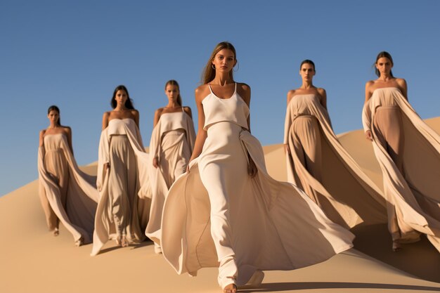 Group of high fashion models in the desert dunes