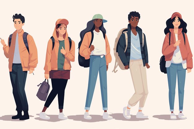 Group of high school university student flat design vector illustration