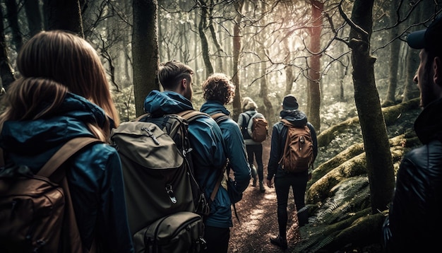 森でのグループハイキング ジェネレーティブ AI