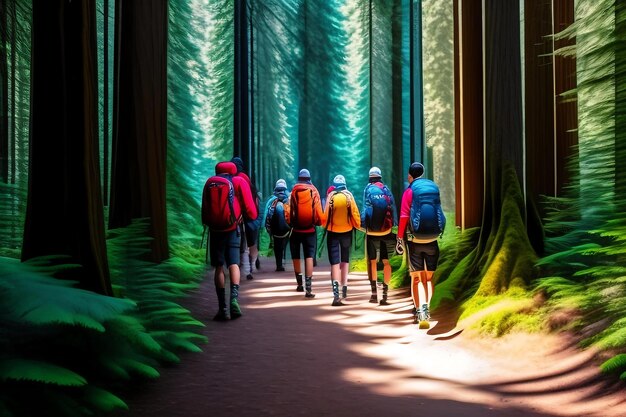 Group hike through the woods camping walk in a forest redwood trees outdoor activity