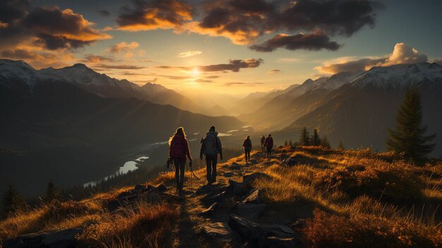 Photo a group of hiker on top of a mountain at sunset