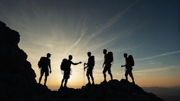 A group of hikers are celebrating on a mountaintop