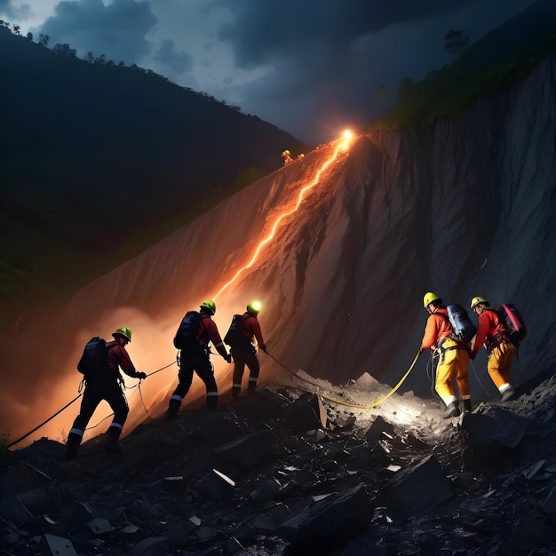 a group of hikers are walking down a rocky cliff