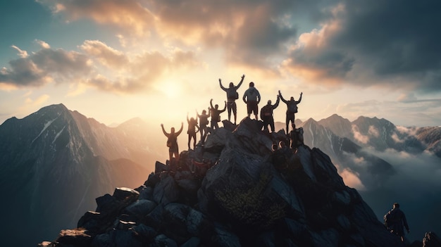 山 の 頂上 で 達成 を 祝っ て いる ハイカー たち の グループ