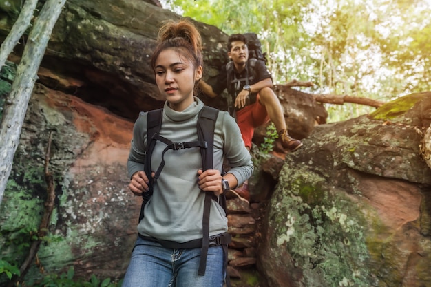 Group of hikers climbing down in forest