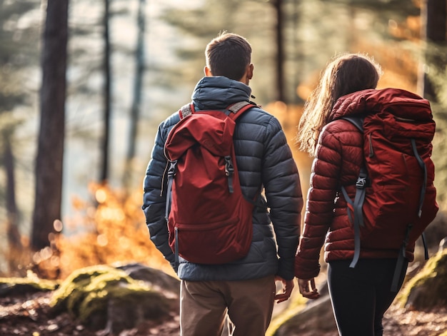 Group of hikers exploring the scenic woods with backpacks on a generative AI masterpiece