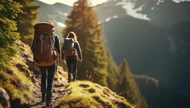 Foto gruppo di escursionisti che escursionano in montagna concetto di primavera