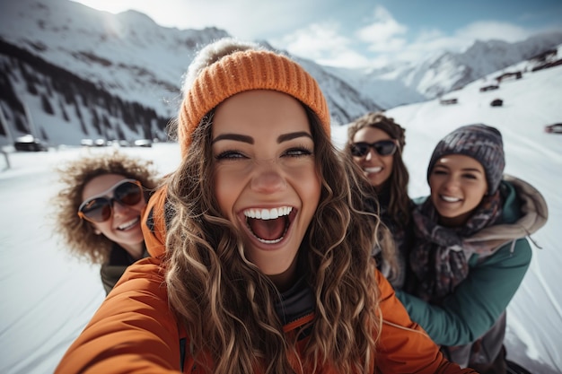AI が生成した冬の山で自撮りをするハイカーのグループ
