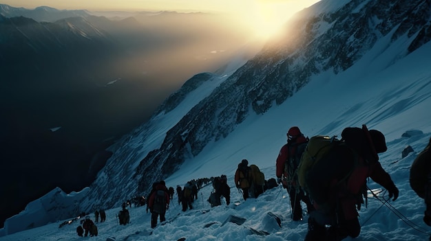 group of hikers trekking up a snowcapped mountain