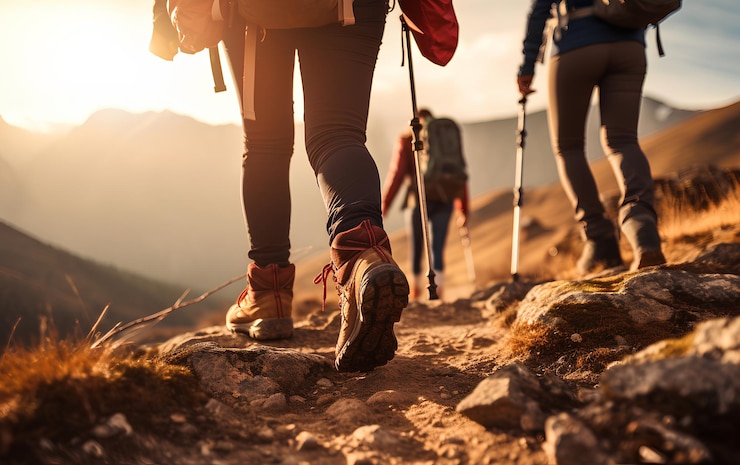 Photo group of hikers walking in the mountains without faces