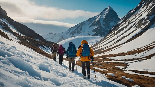 Group of hikers walking in snowy mountains Trekking in winter