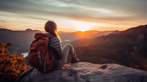 Group of hikers walks in mountains at sunset