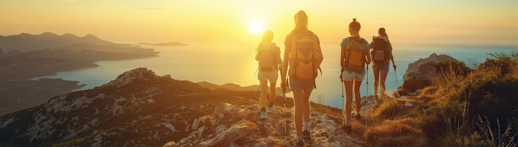 バックパックを背負ったハイカーのグループが夕暮れの美しい山の景色を楽しみ海と遠くの島々を見下ろしています