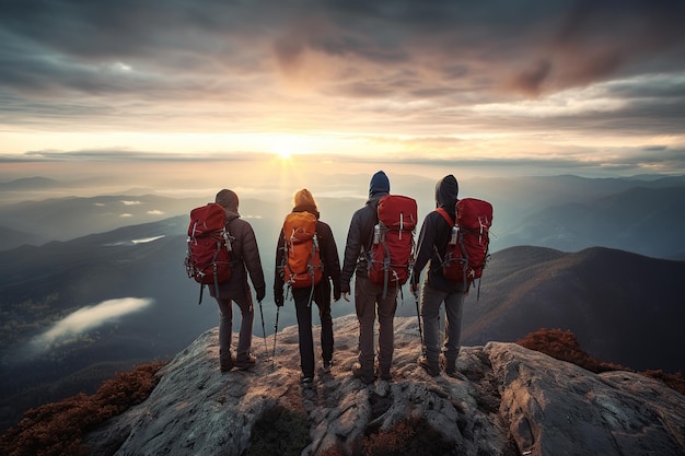 Group of hikers with backpacks walking in mountains