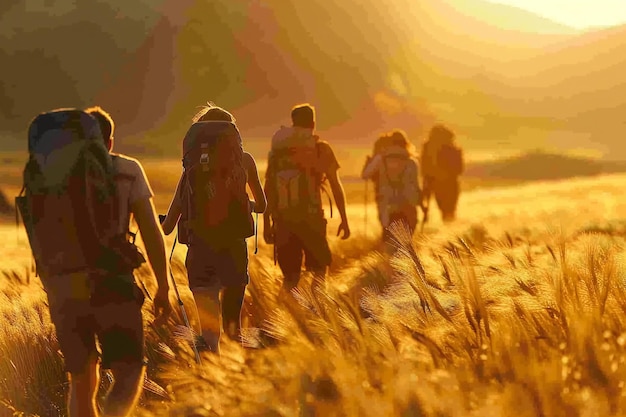 Photo group hiking through golden wheat field at sunset with ai generated