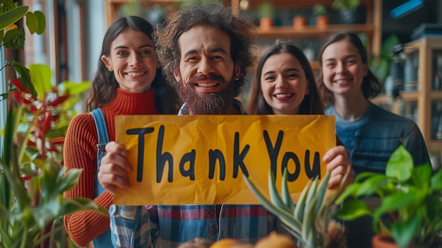 Foto gruppo che tiene uno striscione di ringraziamento in mezzo al verde lussureggiante perfetto per la gratitudine, il lavoro di squadra e l'apprezzamento