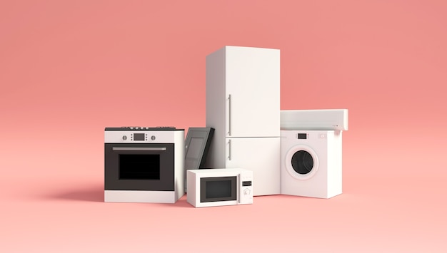 Photo group of home appliances on pink studio background