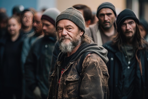 Group of homeless people lining up to eat Concept of social exclusion