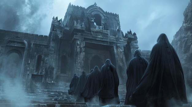 A group of hooded figures line the steps leading up to the mausoleum their dark cloaks billowing in