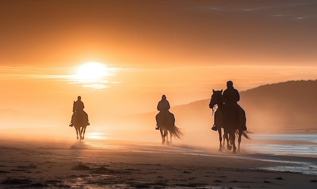 Group of Horseback Riders Galloping Along Sandy Shoreline