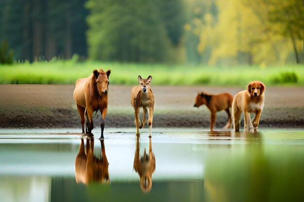 a group of horses are drinking water from a pond