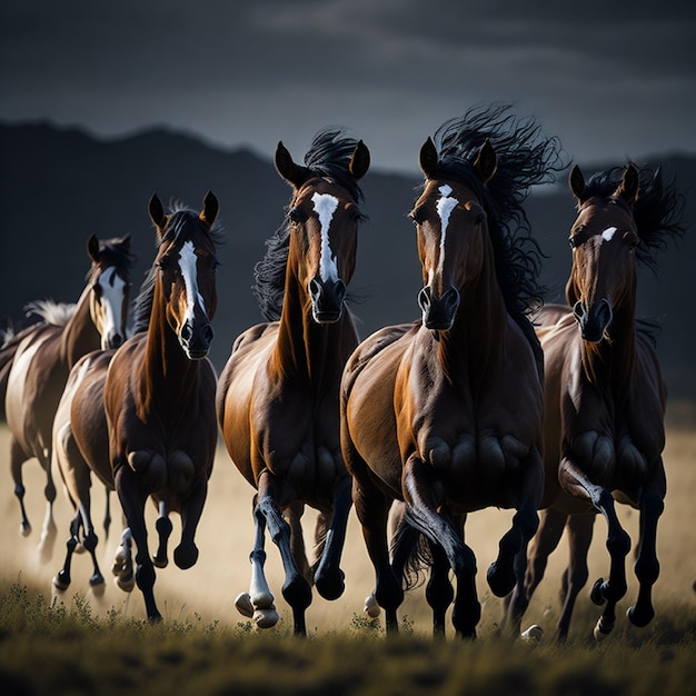 A group of horses are running in a field with mountains in the background.